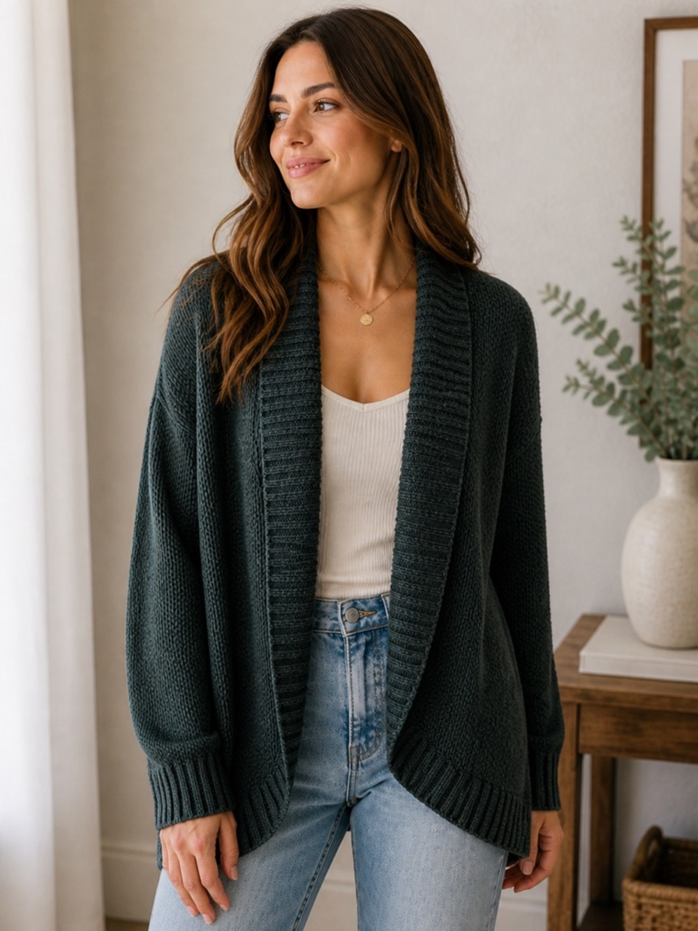Silence & Noise UO Green Chunky Knit Open Front Cozy Cardigan